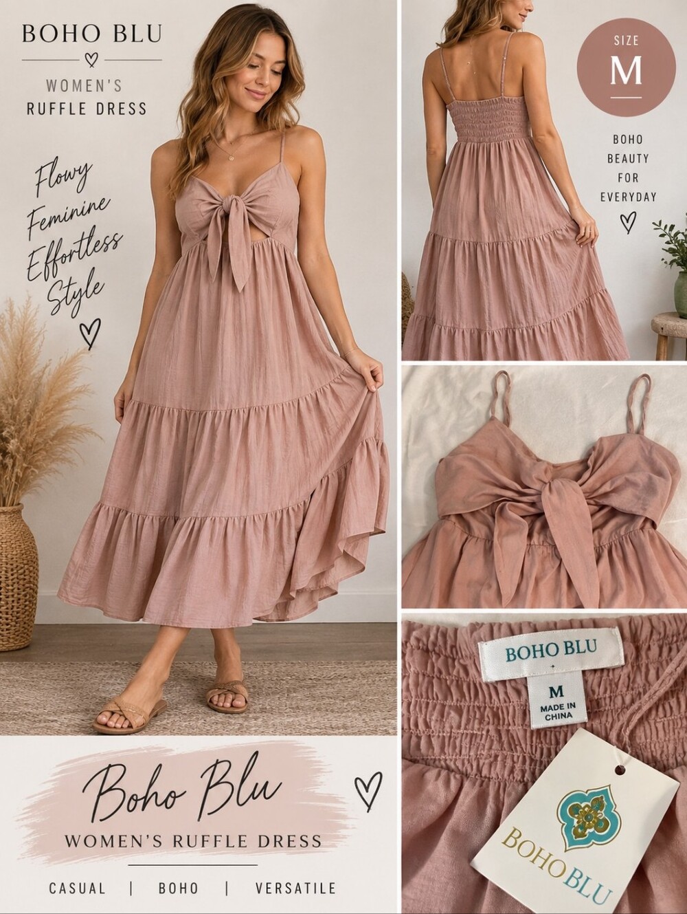 New boho blu women's size medium pink ruffle dress #ABE